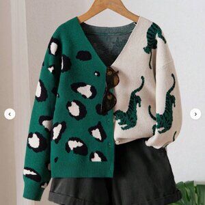 Shein Green and Beige Tiger/Leopard print Cardigan Large